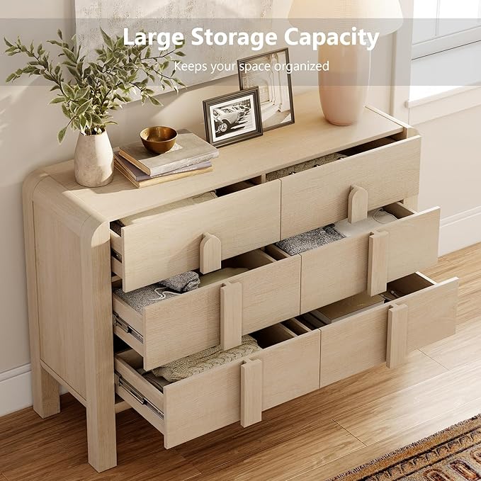 WAMPAT 5 Piece Dresser and Nightstand Sets for Bedroom, Modern 47.2" Wide 6 Drawer Chest & 3 Drawer Dresser Set of 2, and Nightstand Set of 2 with Charging Station for Bedroom, Living Room, Light Oak