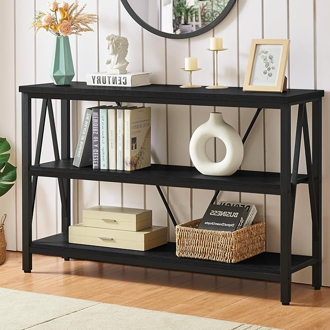 HOMISSUE Entryway Console Table, Rustic Console Tables with Wide Storage, Industrial Foyer for Entry with 3-Tier Open Shelves, Entryway Table for Living Room, Hallway, Black, 47 Inch