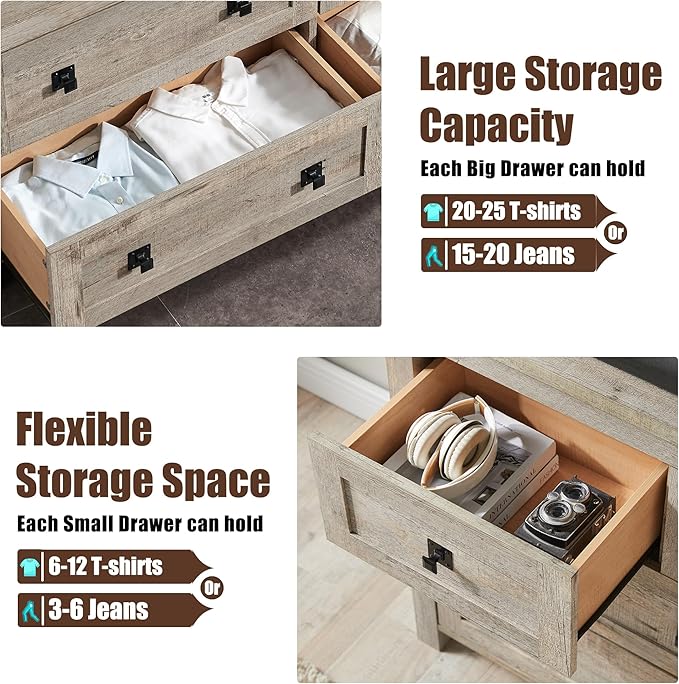 T4TREAM Farmhouse 7 Drawers Tv Stand, Wood Rustic, Storage Dressers Organizer for Bedroom, Living Room,Hallway, Light Rustic Oak