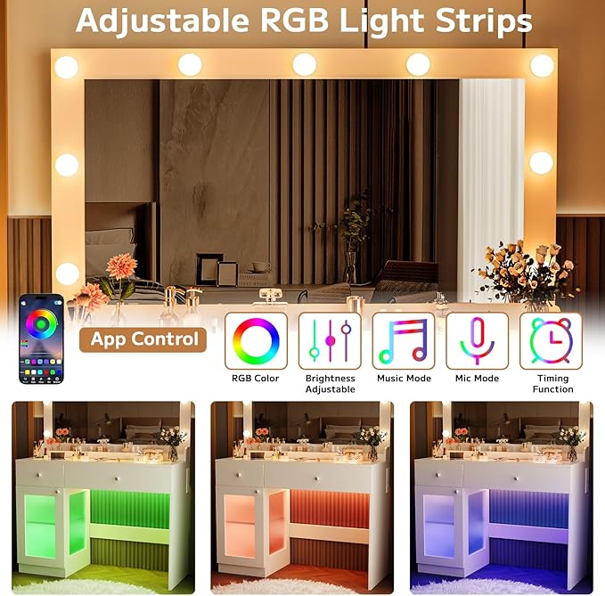 Vanity Desk with Large Mirror and Lights, 39.4'' Glass Top Makeup Vanity with RGB Cabinet Drawers Power Outlet 3 Color Light Modes Brightness Adjustable Vanity Dressing Table for Bedroom White
