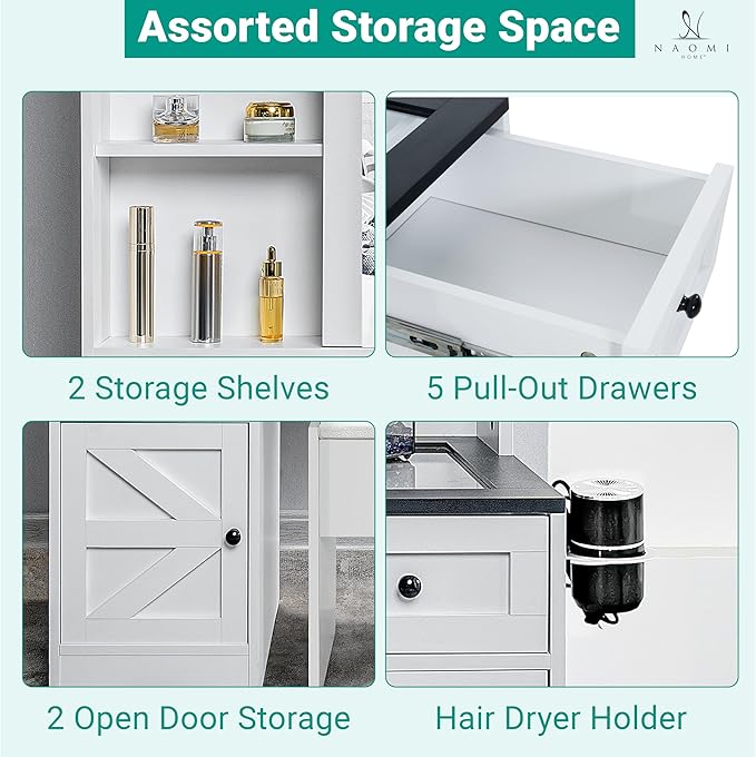 Naomi Home Vanya 47" Makeup Vanity with Sliding Mirror and Lights Farmhouse Vanity Table with 5 Drawers 2 cabinets Visible Glass top and 3 Color Lighting Modes Charging Station with Stool