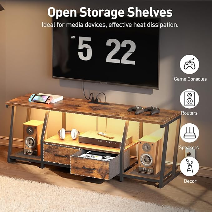 LED TV Stand with Fabric Drawers for 65 Inch TV, Entertainment Center with Power Outlets and Open Storage Shelves, Industrial Media TV Console Table for Living Room, Bedroom, Rustic Brown