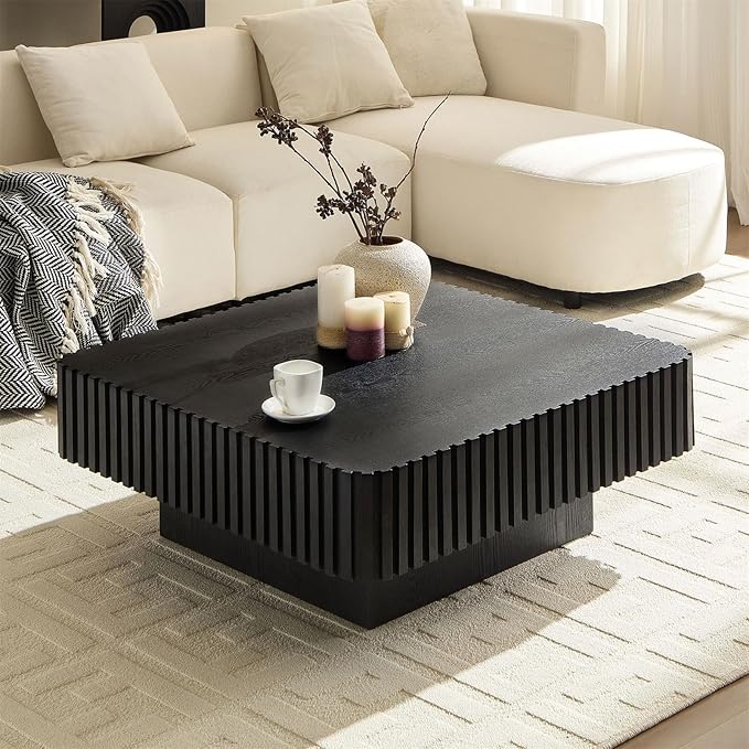 Square Coffee Table for Living Room, Accent Fluted Coffee Table with Storage, Modern Solid Wood Veneered Large Center Tea Table for Small Space Apartment (35.4''D×16''H-Black)