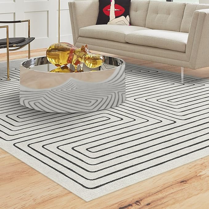 RUGGABLE x Jonathan Adler Machine Washable Modern Area Rug – Labyrinth Black/Ivory 5x7, Stain-Resistant, Non-Slip – Medium Rugs for Living Room, Bedroom, Hallway, Entryway & Office–with Standard Pad