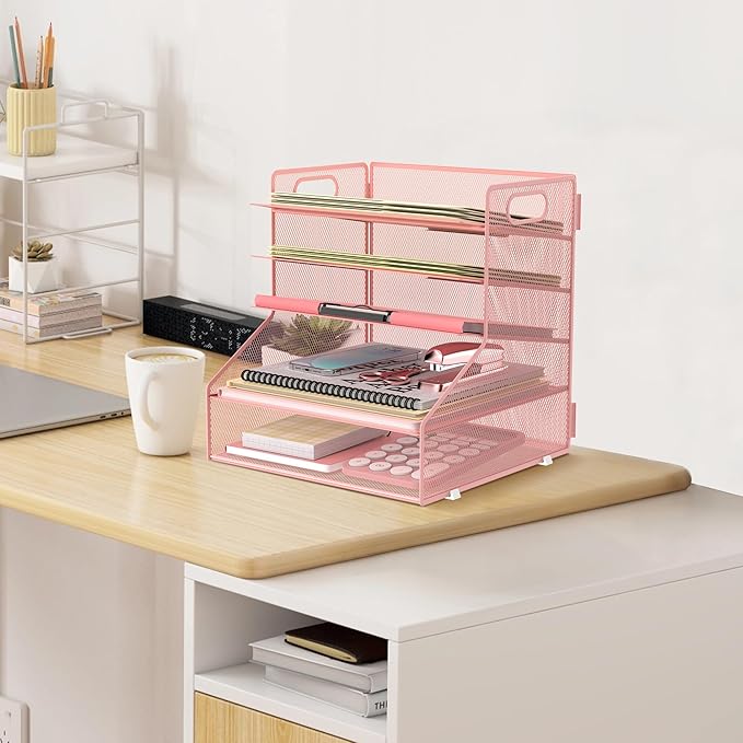 SUPEASY 5-Tier Desk File Organizer, Metal Letter Paper Tray, Desk Organizers and Accessories for Home Office Supplies, Pink