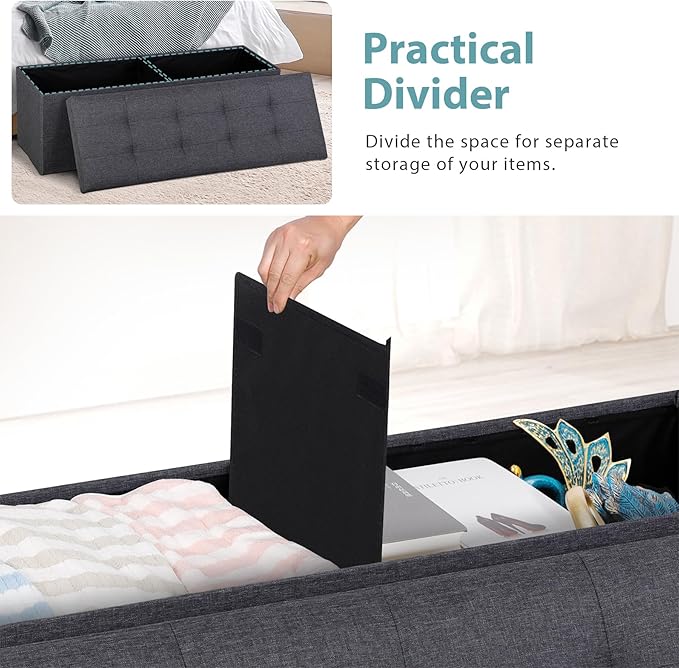 SUPER DEAL Folding Storage Ottoman Bench Foot Rest Storage Chest,15 x 43 x 15 Inches End of Bed Bench with Divider for Living Room Bedroom Entryway, 660 lbs Load Capacity, Linen Fabric, Dark Grey