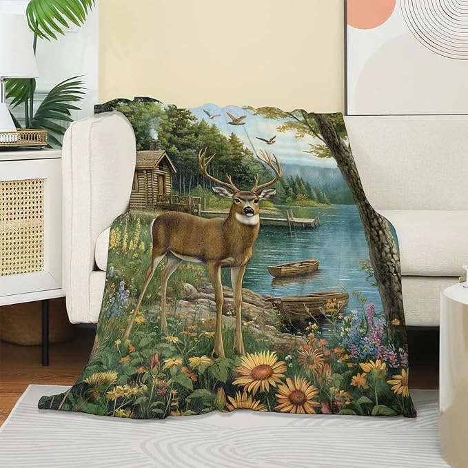 Cute Deer Blanket, Soft Cozy Warm Throw Blanket Gifts for Adults Kids Women, Lightweight Comfy Fuzzy Flannel Blankets for Couch, Travel, Car, Home Decor 80×60 Inch