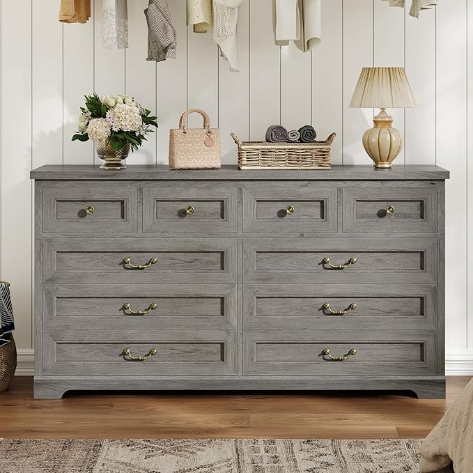 DICTAC 10 Drawers Dresser for Bedroom,55" Wide Farmhouse Dresser with Natural Texture and Vintage Metal Handles, Rustic Wood Chest of Drawers for Bedroom, Living Room, Hallway,Oak Grey