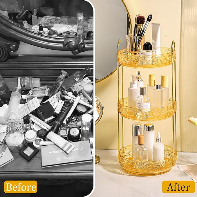 Fangoo 3 Tiers Gold Rotating Makeup Organizer for Vanity, 360 Spinning Skincare Organizers for Dresser Perfume Organizer Large Skincare Make Up Storage Cosmetic Organizer for Bathroom Countertop