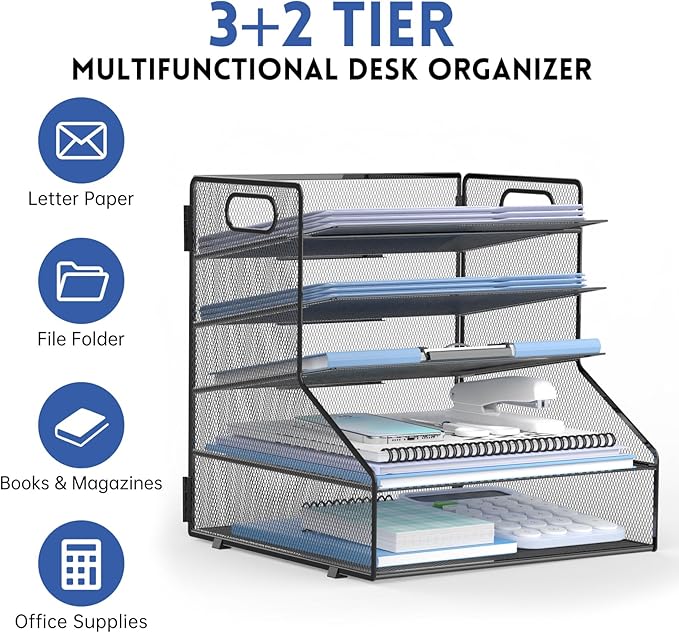 SUPEASY 5-Tier Desk File Organizer, Metal Letter Paper Tray, Desk Organizers and Accessories for Home Office Supplies, Black