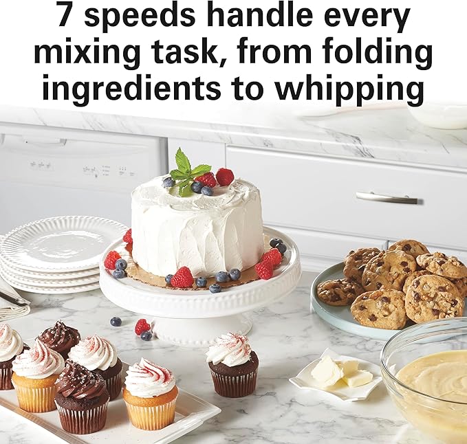 Hamilton Beach Electric Stand Mixer, 4 Quarts, Dough Hook, Flat Beater Attachments, Splash Guard 7 Speeds with Whisk, Aqua