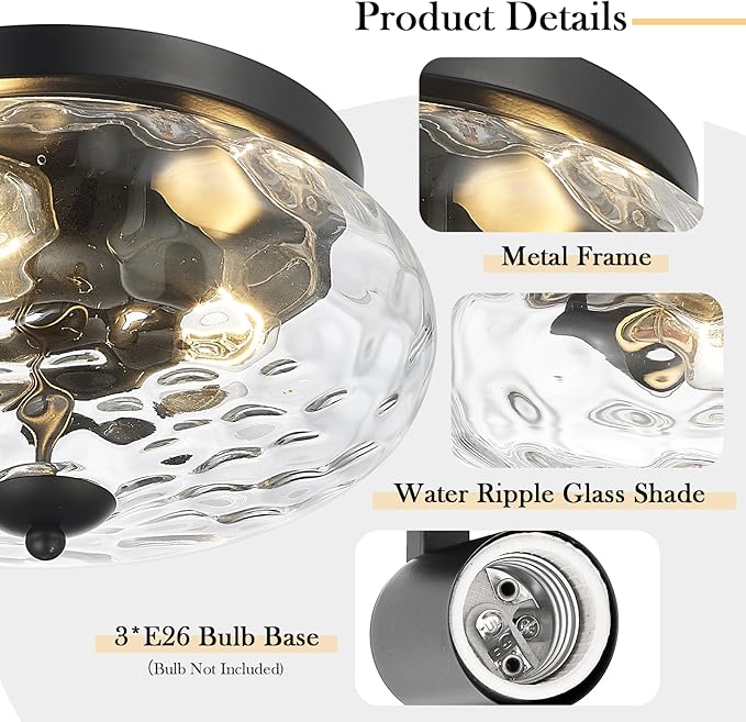 Darkaway Large Ceiling Light Fixtures, 3-Light Flush Mount Indoor Outdoor Ceiling Light with Water Ripple Glass Shade for Hallway Kitchen Bedroom Porch Living Room Black Finish