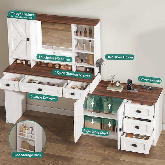 YITAHOME 48'' Farmhouse Makeup Vanity Desk with Mirror and Lights, 68'' 360° Rotation Big Modern Lighted Vanity Table with 6 Drawers & Lots Shelves, Rustic Large Dressing Table, Antique White