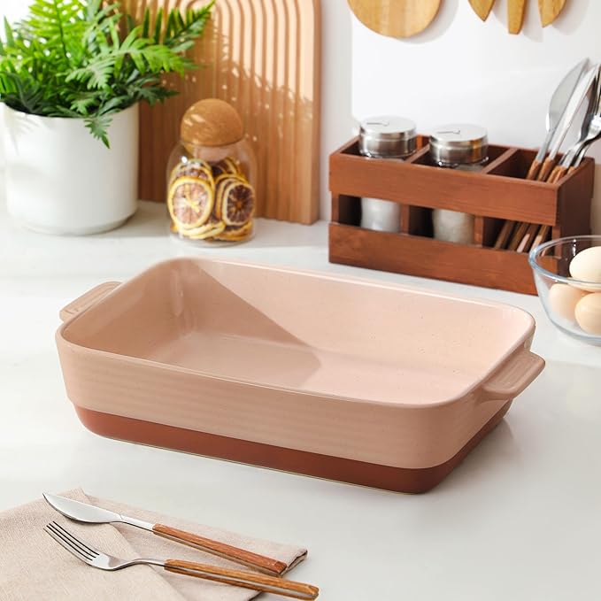 MALACASA 4.8 Qt Ceramic Oven Dish with Handles, 9 x 13 Inch Baking Dish Casserole Dishes, Deep Rectangular Lasagne Dishes Bakeware for Roasting (Khaki & Pink), Series TARA
