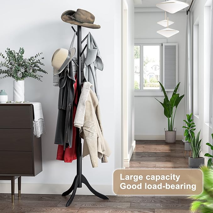 Coat Rack Freestanding, Coat Stands Entryway, Bamboo Coat Rack Hat Hanger 8 Hook for Jacket, Purse, Scarf Rack, Umbrella Tree Stand (Black)