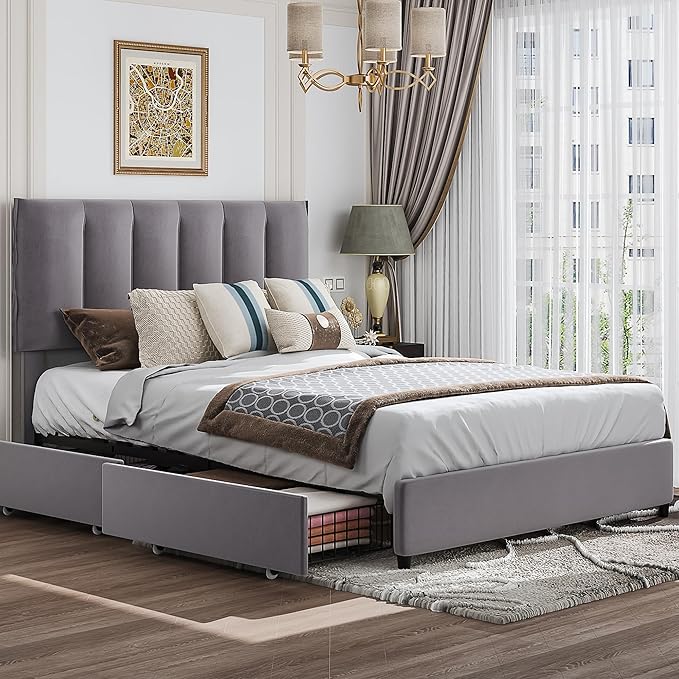VECELO Full Size Bed Frame with 4 Storage Drawers, Adjustable Height Headboard, Heavy-Duty Platform Bedframe with Strong Wooden Slats, No Box Spring Needed, Dark Grey