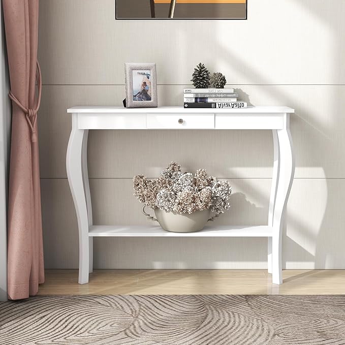 ChooChoo Narrow Console Table with Drawer, Chic Accent Sofa Table, Entryway Table, 39.3 Inch, White