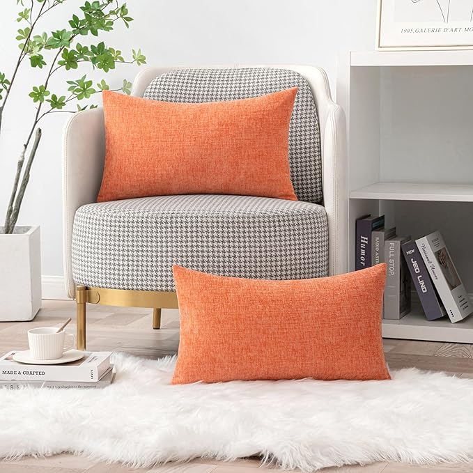 MIULEE Pack of 2 Couch Throw Pillow Covers 12x20 Inch Soft Coral Red Chenille Pillow Covers for Sofa Living Room Solid Dyed Pillow Cases