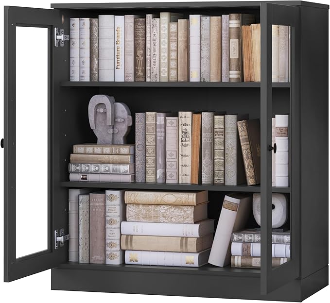 Palace Imports Solid Wood Bookcase - Floor Standing Bookshelf - 32” W - Display Furniture, Renewable 100% Eco-Friendly Wood, Made in Brazil (Gray, Clear Glass Doors | 3-Shelf Short Bookcase)