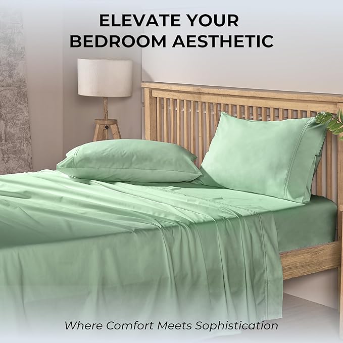 100% Natural Cotton Sheets Queen Size Bed Set | 500 TC Single-Ply Sateen Weave | Soft, Breathable, Hypoallergenic Solid 4-Piece Bedding with Deep Pocket Fitted, Flat, Pillowcase | Sage
