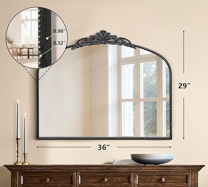 Micasso Black Vintage Mirror, 29"x 36" French Baroque Antique Arched Wall Mounted Mirror Decorative Ornate Entryway Mirror for Wall Decor, Living Room, Hallway