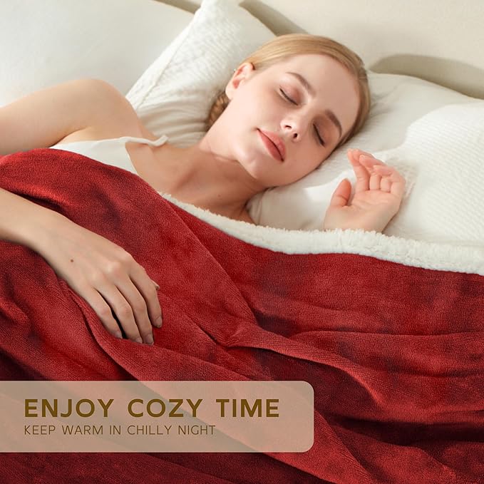 BEAUTEX Sherpa Fleece Throw Blankets, Soft Fluffy Flannel Plush Blanket and Throw, Fuzzy Cozy Red Cuddle Blankets for Couch Bed Sofa Adults (50" x 60", Wine)