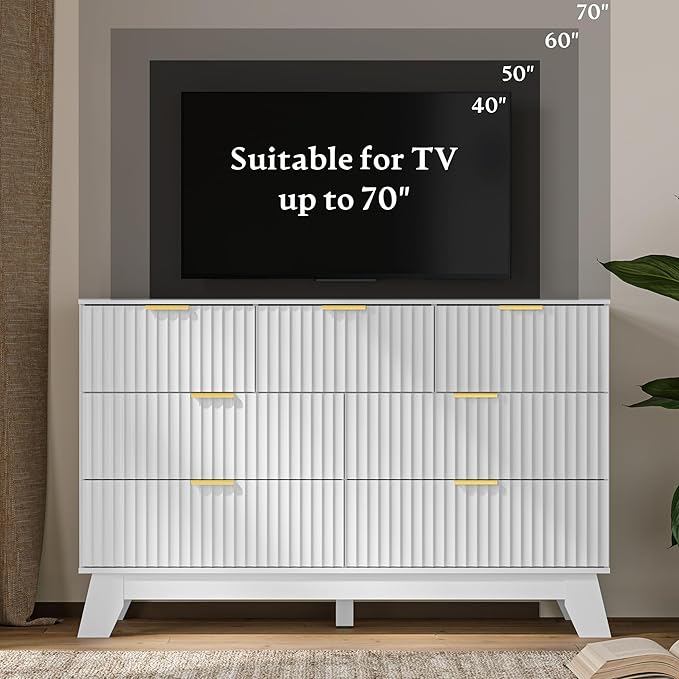 Fluted Dresser for Bedroom with 7 Drawer, Mid Century Modern Chest of Drawers, 48" Wide Natural Wood Dresser for Closet, Wooden Boho Chest Closet Storage TV Stand for Bedroom, White