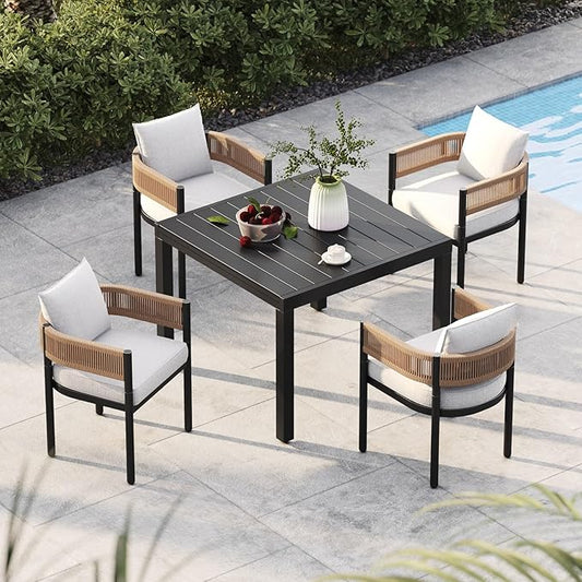 Grand patio 5-Piece Outdoor Dining Set for 4 with 1 Rectangle Expandable Table for 4-6 Person, Metal Woven Wicker Fixed Patio Chairs with Thickened Cushions for Yard, Poolside (Natural)