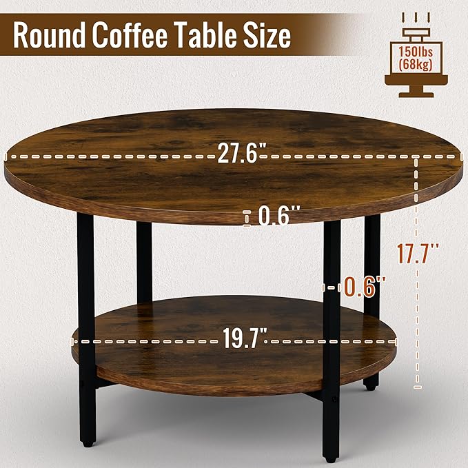 Round Coffee Table, 27.6" Circle Coffee Table for Living Room, 2-Tier Wood Accent Center Table with Open Storage Industrial Design Home Furniture, Rustic Brown