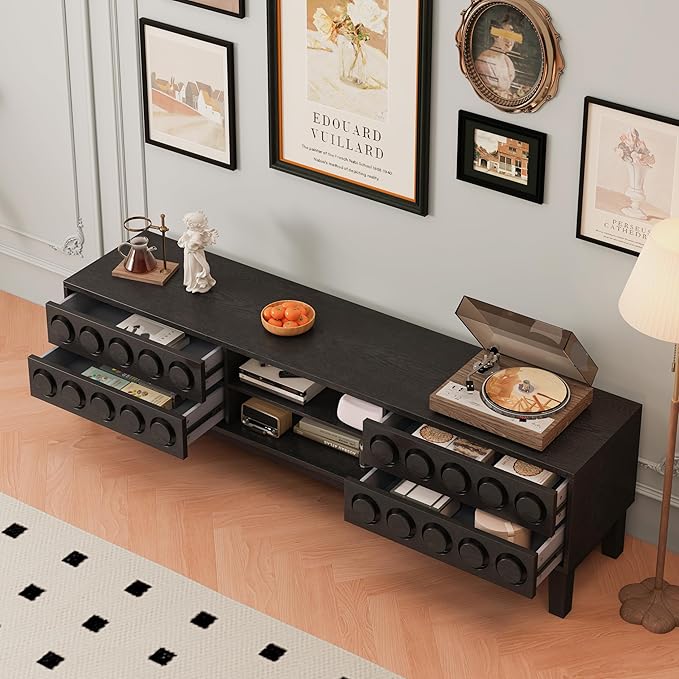 70" Modern TV Stand, Entertainment Center for Tvs up to 75", Unique Circular Design, TV Media Console with 4 Drawer & Open Storage for Living Room (Black)