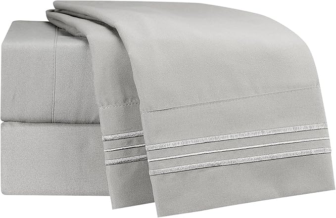 Clara Clark Bed Sheets, Premier 1800 Series 4 Piece Bed Sheet Set, Deep Pocket, Wrinkle, Fade, Stain Resistant, Luxury Soft Bedding Sheets & Pillowcases, Split King, Silver Gray