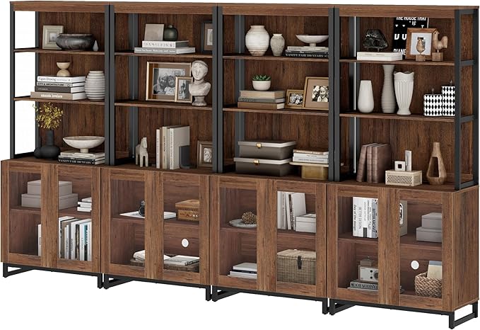 WAMPAT 4 PCS Modern 72" Tall Bookcases with Glass Doors and Adjustable Shelves, Library Book Shelf with Storage Cabinet and Open Book Shelfs, Wood Bookshelves for Home Office, Living Room, Brown