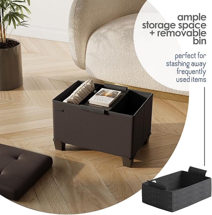 STORAGEBUD Storage Ottoman Cube with Small Bin, 16-in Square Ottoman with Storage for Living Room and Bedroom, Small Ottomans Foot Rest, Faux Leather Foot Stools Ottomans Max 330lbs, Brown