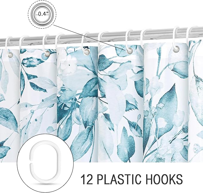 Gibelle Spa Blue Eucalyptus Shower Curtain, Watercolor Plant Leaves with Floral Bathroom Shower Curtain Set with Hooks, 72x72