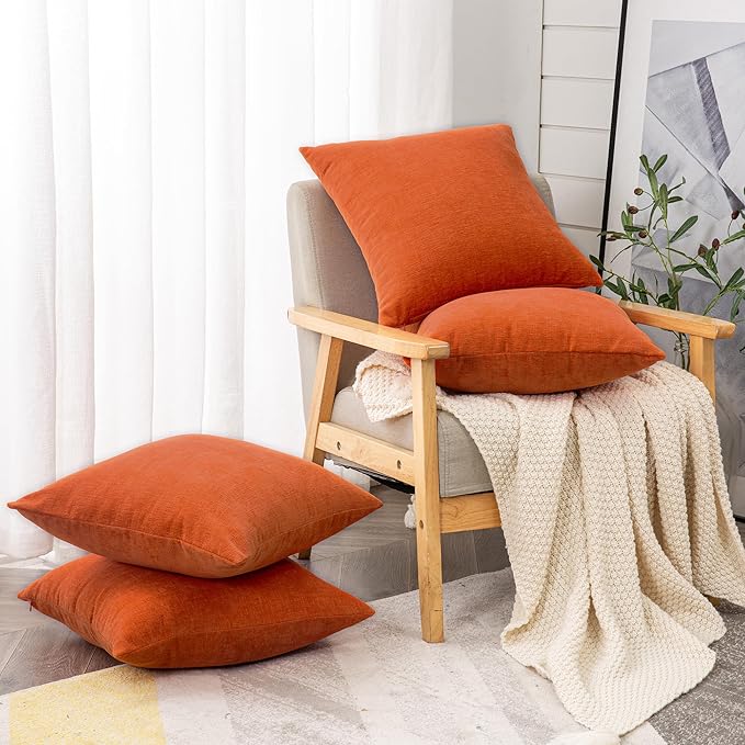 GAWAMAY Decorative Square Throw Pillow Covers 18"x18" Inch Set of 4, Super Soft Chenille Pillows Farmhouse Fall Pillowcase for Living Room Bedroom Sofa Couch Cushion Cover Burnt Orange 45x45cm