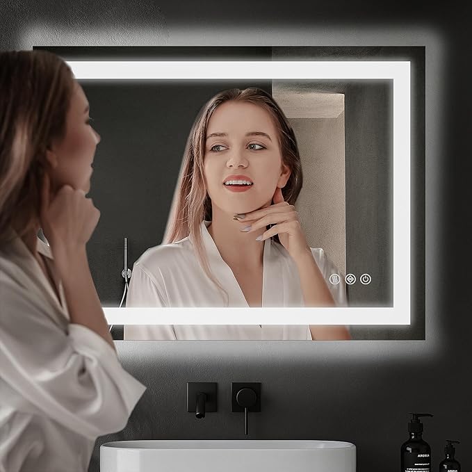 Antok 24"x 32" LED Bathroom Mirror with Lights, Anti-Fog, Dimmable, Lighted Vanity Mirror with Tempered Glass, Memory Function, 3 Light Modes, Safe Use, Horizontal, Vertical