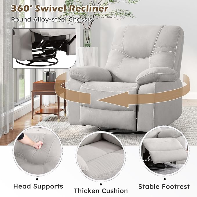 ANJ Oversized Swivel Rocker Recliner Chair for Adults, Manual Rocking Recliner Glider Recliner Nursery Chair Clearance with Decorative Stitching Soft Fabric Thick Cushion for Living Room Bedroom