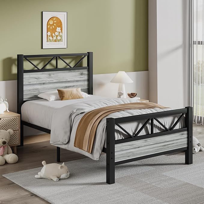 Twin Bed Frames with Tall Headboard, Industrial Twin Platform Bed Frame with Heavy Duty Metal Slats Support, No Box Spring Needed, Noise-Free, Easy Assembly, Wash Grey