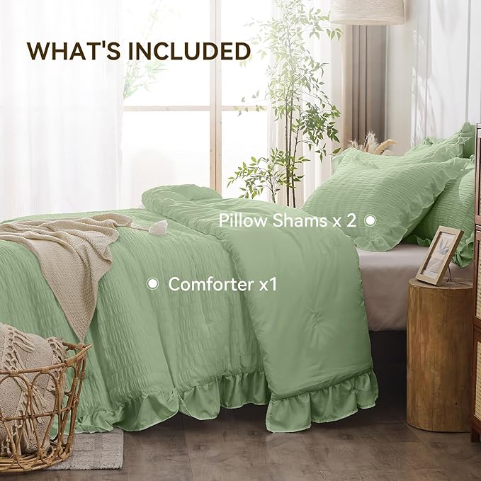 JOLLYVOGUE Sage Green King Comforter Set, 3 Pieces Seersucker Comforters King Size, Lightweight & Fluffy Bedding Sets King for All Season with 1 Ruffle Comforter and 2 Ruffle Pillowshams
