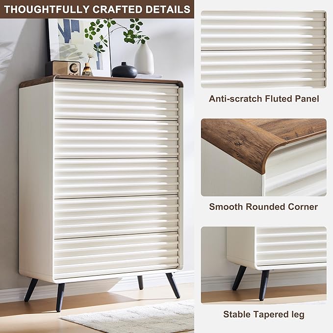 RedLemon 5 Drawers Dresser for Bedroom, 48'' Tall Mid Century Modern Wood Fluted Dresser, Chest of Drawers with Tapered Leg for Bedroom, Living Room, Hallway, Closet,Antuique White