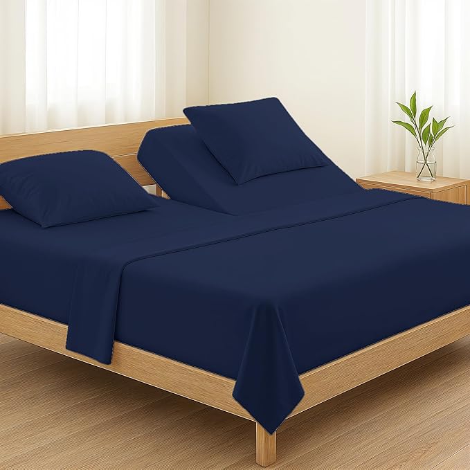 TEXAS LINEN CO. Egyptian Cotton Split King Sheet Set - 800 Thread Count 5 PC Navy Blue Sheets for Adjustable Bed, Extra Long Staple Soft Cooling Sheets, Luxury Hotel Sheets, 16" Deep Pocket Bedsheet