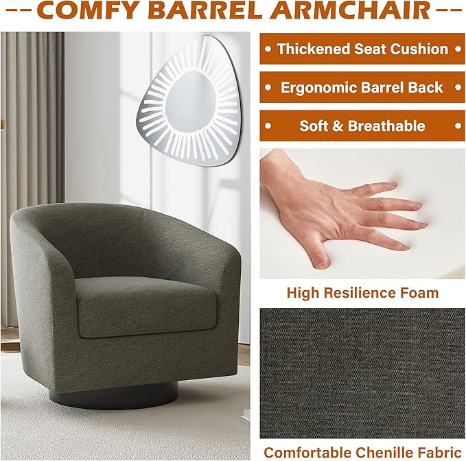 UIXE Swivel Accent Chair, Chenille Barrel Chairs Upholstered Armchair for Living Room, Modern Round Arm Chair Small Single Sofa Bedroom Reading Seat - Tan
