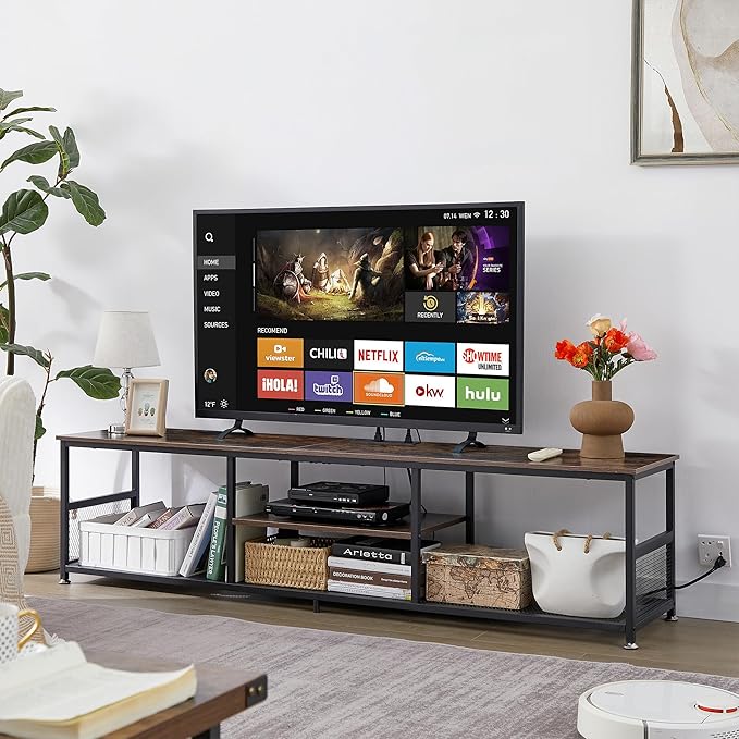 VECELO TV Stand with Power Outlets for Televisions up to 75Inch, 62" Media Entertainment Center with Charging Station 3-Tier Open Storage Shelves with Metal Frame for Living Room/Bedroom，Brown