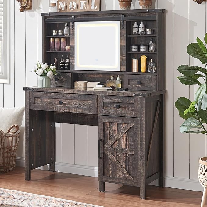 42'' Farmhouse Makeup Vanity Desk with Sliding Mirror and Lights, Glass Tabletop Vanity Table with Barn Door, 4 Drawers & Hidden Shelves, Rustic Big Vanity Women Dressing Table, Dark Oak