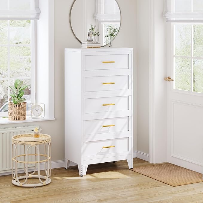 Metal Dresser Tall Narrow Dresser for Bedroom Chest, 53.46" H Drawer Chest, Closet Dressers & Chests of Drawers for Living Room, Hallway (5 Drawers White 24inch Wide)