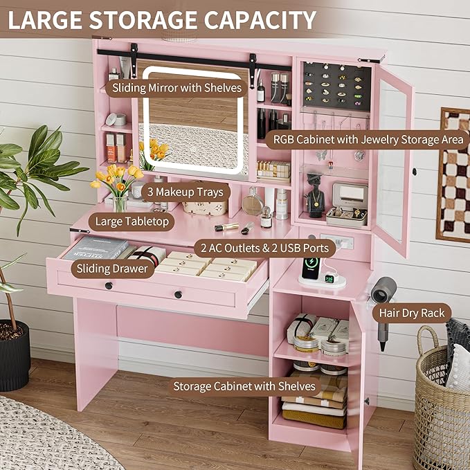 Makeup Vanity Desk with Sliding Mirror and Lights, Farmhouse Vanity Table Set with Power Outlet & RGB Cabinet, Dressing Table with Storage Drawers & Shelves for Kids Girls Women Bedroom, Pink