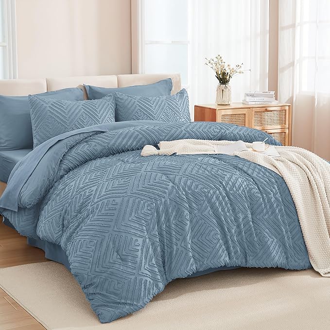 Andency Queen Size Comforter Set 7 Piece Grayish Blue - Bed in a Bag Queen Boho Lightweight Fluffy Tufted Bedding Sets with Comforter, Sheets, Pillowcases & Shams