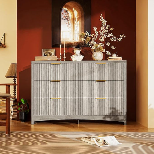 Marsail 6 Drawer Wooden Dresser with Smooth-Glide Drawers, Modern Storage Solution for Bedrooms, Living Rooms, and Hallways, Featuring Large Capacity and an Elegant Natural Wood Finish, Light Grey