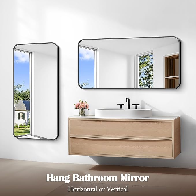 Bathroom Mirror, 48 x 24 inch Black Rectangle Wall Mirror, Metal Framed Rectangular Vanity Mirror, Rounded Corner Wall Mounted Mirror for Modern Bedroom Living Room Horizontal/Vertical