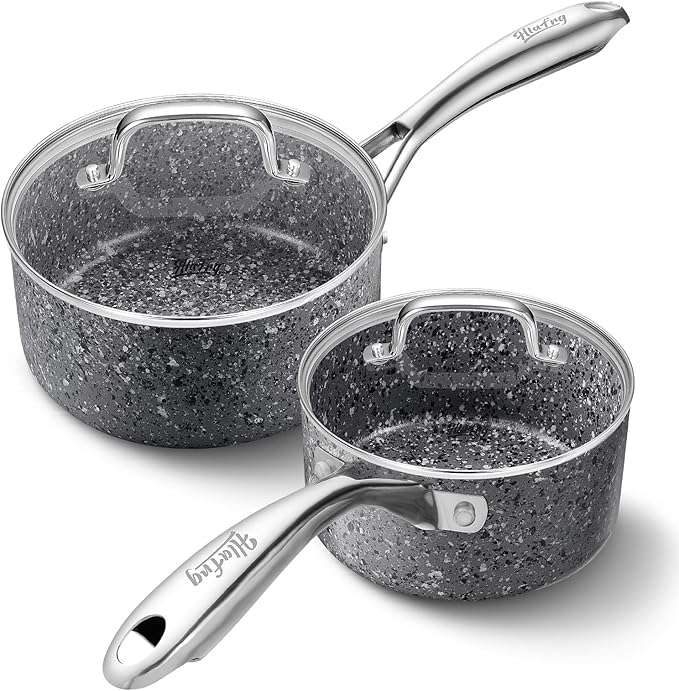 Kitchen Nonstick Saucepan Set - 1 Quart and 2 Quart Sauce Pan Set with Lid - Multipurpose Pots Set Use for Home Kitchen or Restaurant (Grey Granite)
